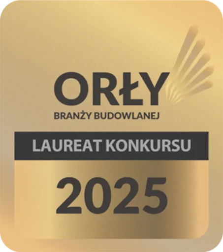 Złota odznaka z napisem "ORŁY BRANŻY BUDOWLANEJ", "LAUREAT KONKURSU" i rokiem "2025" oraz stylizowaną grafiką skrzydeł, przyznawana za wybitne osiągnięcia w bramach i furtkach Krakowa oraz ogrodzeniach Małopolski.