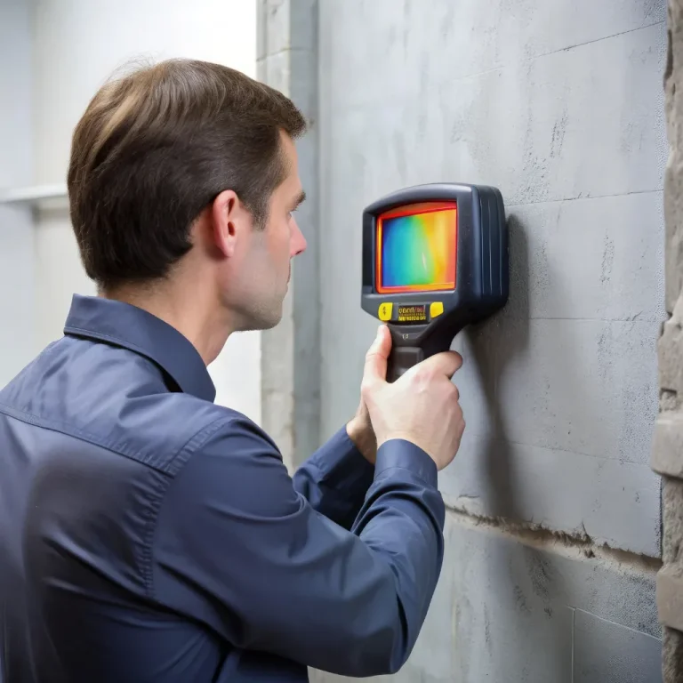W Libra Residence w Krakowie mężczyzna używa ręcznego skanera termowizyjnego do badania betonowej ściany. Ekran urządzenia wyświetla kolorową mapę cieplną, ujawniając zmiany temperatury w latach 2023-2024.