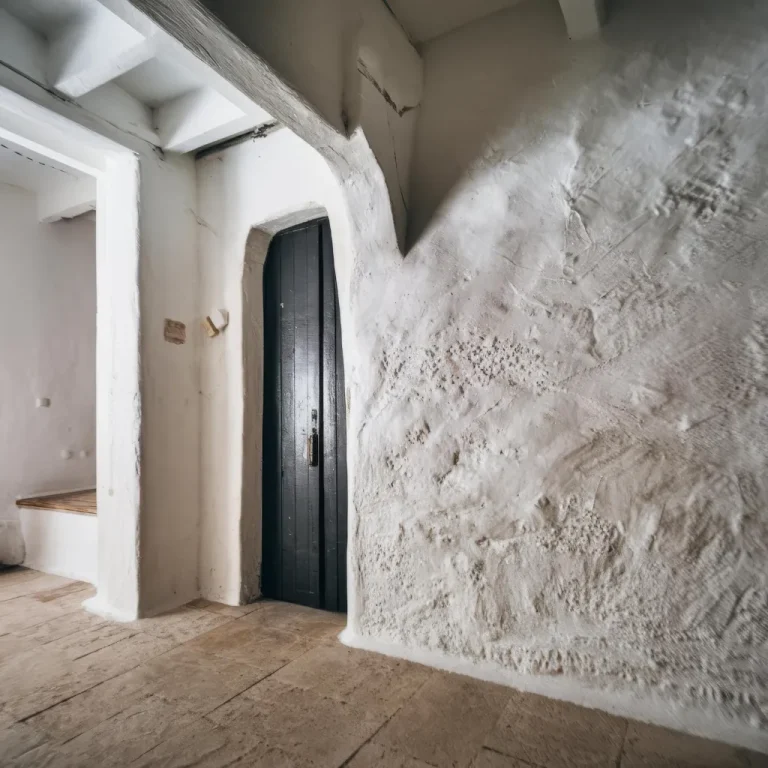 Rustykalny korytarz w Libra Residence w Krakowie ma teksturowane białe tynkowane ściany, ciemne drewniane drzwi, odsłonięte belki i kamienną podłogę wyłożoną kafelkami, tworząc śródziemnomorski lub tradycyjny klimat.
